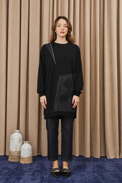 Puane Women's Zipper and Applique Detailed Tunic - 10734Tun - Black