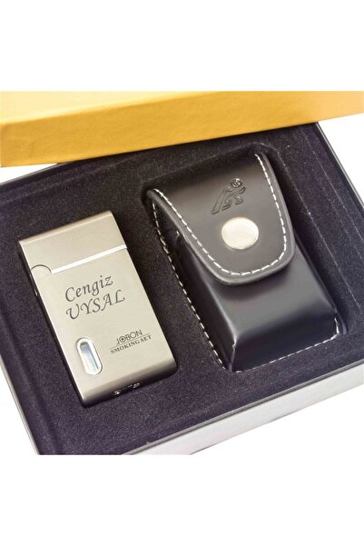 Jobon Marka Gri Renkli Kişiye Özel Deri Kılıflı Metal Lüks Çakmak