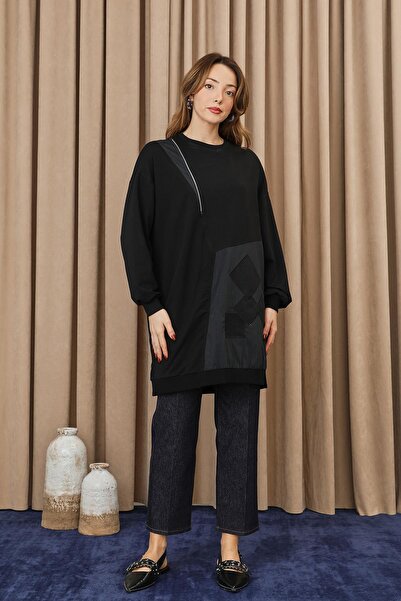 Puane Women's Zipper and Applique Detailed Tunic - 10734Tun - Black