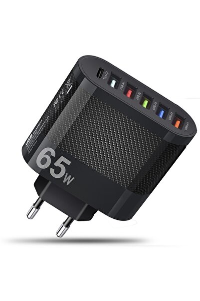 Timebox Încărcător de rețea cu 6 porturi, 65W, încărcare rapidă, 1 x tip C, 5...