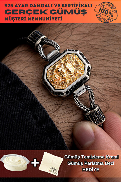 OSMANLI GÜMÜŞ Erkek Gümüş Bileklik - Aslan Figürlü Tilkikuyruğu Zincirli 925 ...