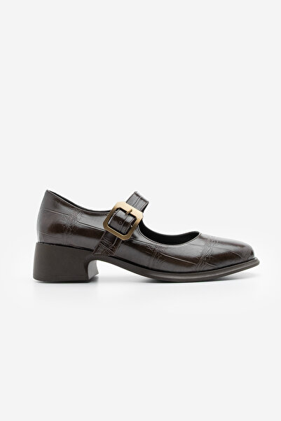 Marjin Kadın Loafer Tokalı Günlük Kalın Topuklu Ayakkabı Meniz Kahve Croco