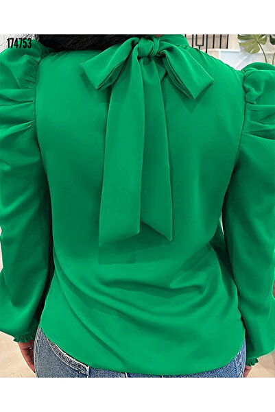 moda wanilia Γυναικεία μπλούζα με μακρυμάνικο μπαλόνι με λαιμόκοψη και κρεπ με λουράκι πίσω