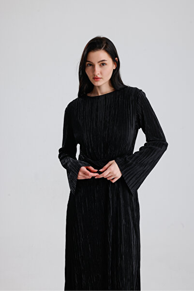 LAMİFUSTORE Bel Detaylı Piliseli Uzun Kollu  Elbise