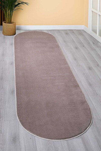 Valery Home Kahverengi Oval Comfort Overloklu Peluş Yolluk Halı