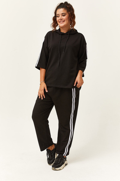 Ebsumu Γυναικείο σετ φούτερ μεγάλου μεγέθους με διπλό ριγέ μαύρο μανίκι τριών τετάρτων