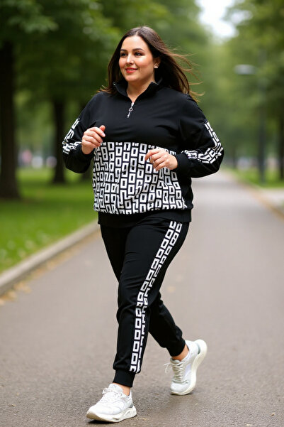 Ebsumu Дамски спортен екип с геометричен принт, полудълъг, с цип, в черно, за по-пълни дами