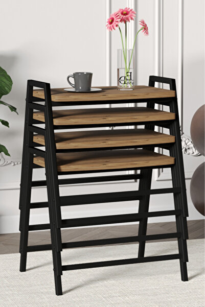 ED Efelez Design Zigon Sehpa , Aden 4'lü Tepsi Zigon Sehpa Takımı Siyah Metal - Atlantik Çam Tabla