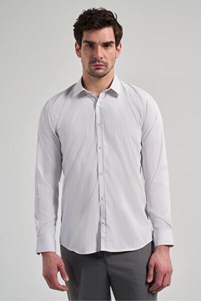 İmza قميص أبيض بأكمام طويلة وياقة نصف إيطالية بدون جيوب وقابل للتمدد كلاسيكي ...