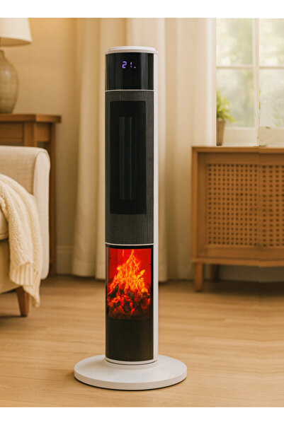 Hoogar German 2071 L White Oval Seri OLED Şömineli Ekran Dijital Kule Tipi Seramik Fanlı Isıtıcı 80 CM