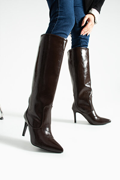 Bufu Kadın Sivri Burun İnce Topuk Diz Altı Deri Görünümlü Çizme Uzun Topuklu Çizme