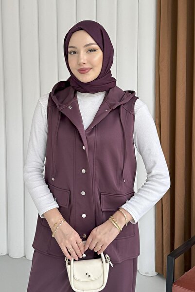 Modaensarbutik Yeleği Çıt Çıt Düğmeli Scuba Kumaş İkili Tesettür Takım-BORDO