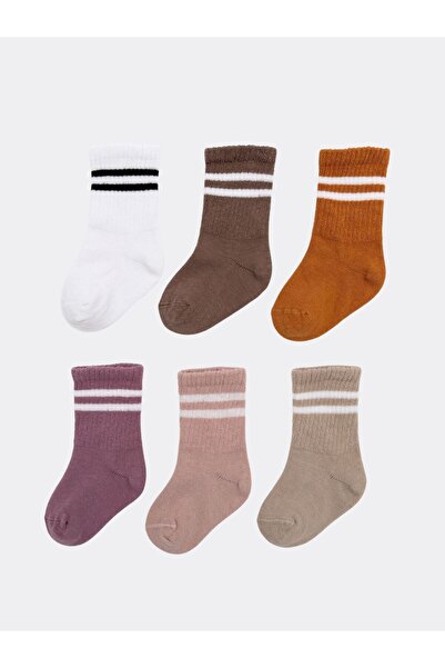 KARAMİLA 6'lı Bebek Soket Çorap Pembe Mix  Pamuk  / Dikişsizdir  / Çizgili Ko...
