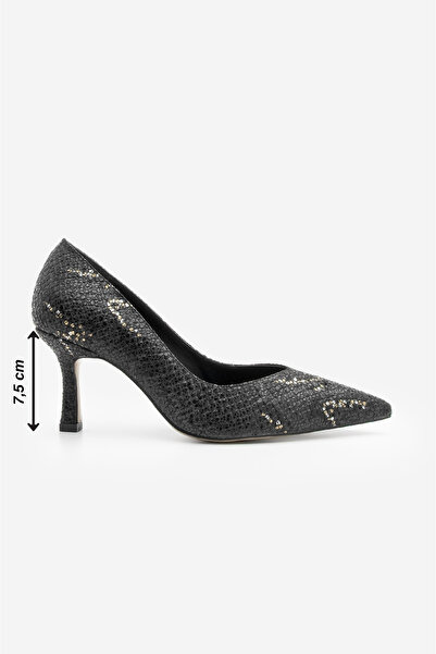 Marjin Kadın Stiletto Sivri Burun Yılan Desenli Topuklu Ayakkabı Tosey Siyah Yılan