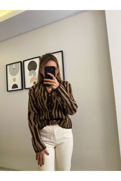 TB Butik Brown Leopard Print - Buttoned Knitwear Cardigan