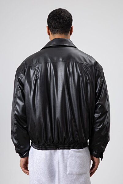 VAMOSCLO Μπουφάν Basic Faux Leather oversized Μαύρο