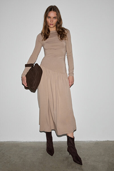 GRIMELANGE Commeny Women's Beige Dress with Ballerina Collar, Stretchy Fabric, Bodycon Fit, and Drawstring Detail