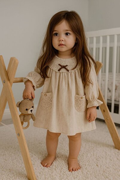 Luna Kids Store فستان بريلا مكشكش من الكتان 100%