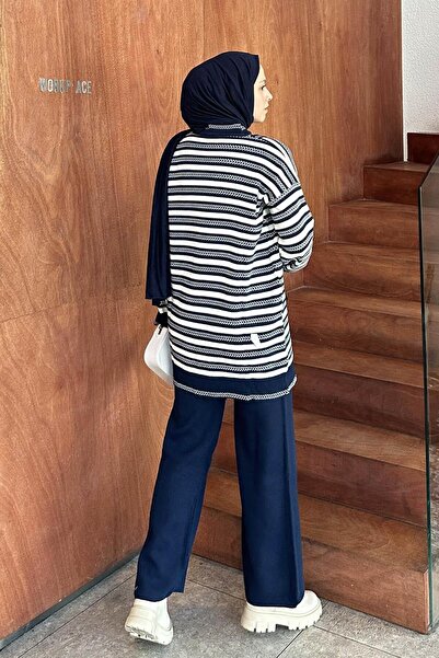 lamelif Striped Side Button Detailed Knitwear Set Navy Blue