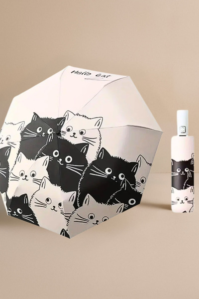 esdekor Kedi Baskılı Otomatik Şemsiye 1 Adet Sevimli Karikatür Siyah Beyaz UV Koruma