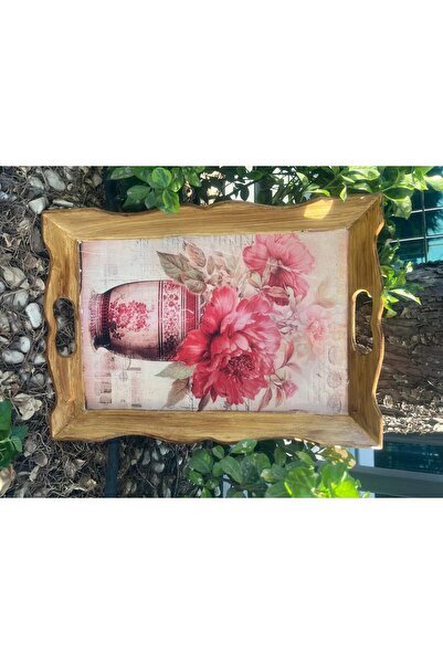 DERYA DESİNG ART Flower Patterned Hand Painted Wooden Tea-Coffee Tray, Presentation Tray 41X30Cm