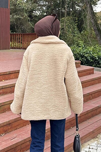 lamelif Tedy Plush Coat with Piping Detail Milk Coffee