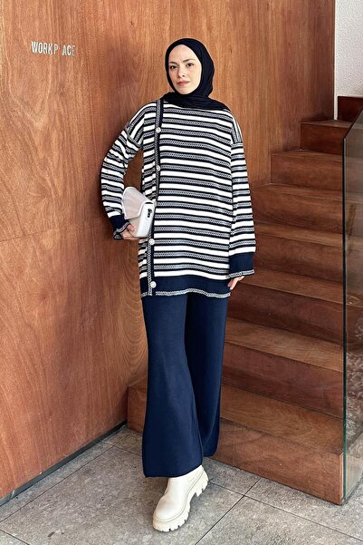 lamelif Striped Side Button Detailed Knitwear Set Navy Blue