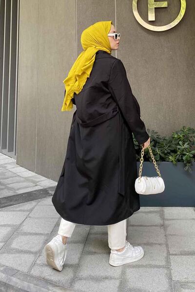 lamelif Pelican Black Trench Coat - Front Button