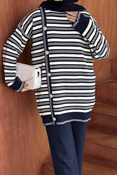 lamelif Striped Side Button Detailed Knitwear Set Navy Blue