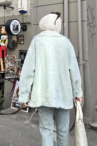 lamelif Zippered Teddy Coat with Sleeve Detail Mint Green