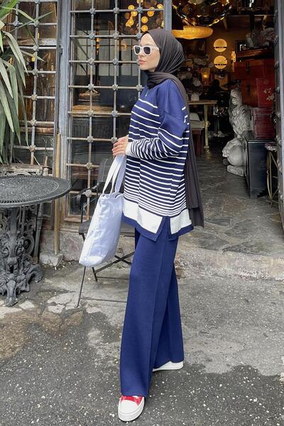 lamelif Смугастий трикотажний комплект темно-синього кольору