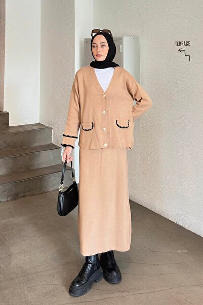 lamelif Skirt-Cardigan Hijab Knitwear Set Milky Brown
