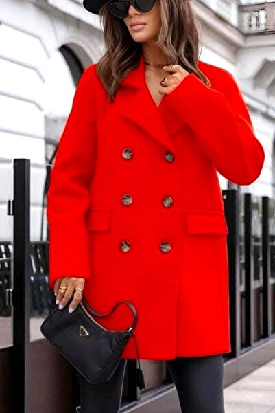 FashionForYou Adriana buttoned overcoat, oversized cut and short lapels, Red