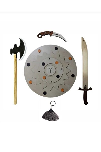 Ahtek Ahşap Oyuncak Seti Kalkan + Balta + Kılıç + Oyuncak Bıçak+Börklü Anahta...
