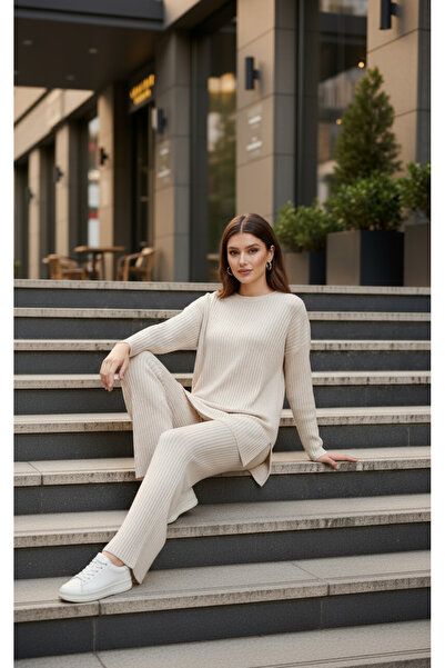 EYYE Dámská blůza a kalhoty z bavlněného žerzeje v barvě kamene, dvoudílná souprava