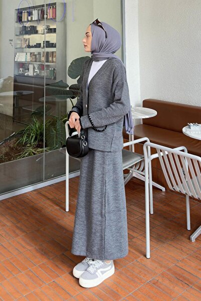 lamelif Skirt-Cardigan Hijab Knitwear Set Smoked