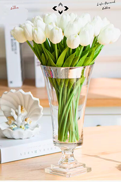LİGROUND 10Pcs Artificial Tulip Bridal Bouquet Vivid Black White Flower Decorative Tulip Artificial Flower Wet Tulip