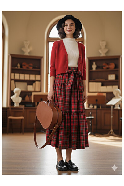 Namaste Vintage Kırmızı renk ekose desenli kuşaklı uzun vintage etek