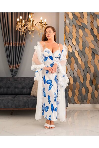 Lama Lingerie روب كيمونو طويل من الساتان الحريري المزخرف