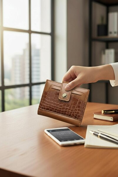 Classbag Kadın Taba Timsah Desenli Temassız Kartlık Detaylı Kare Cüzdan
