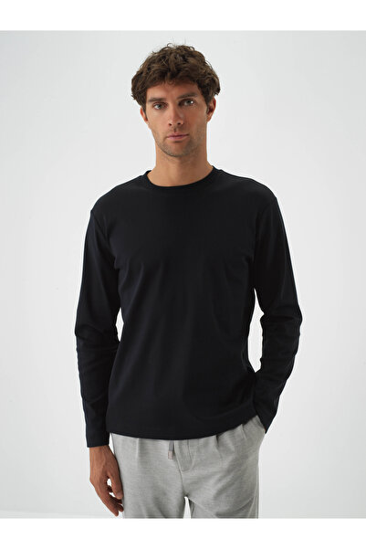 Xint Erkek Siyah Lüks Merserize Dokulu Regular Fit Uzun Kollu Tişört