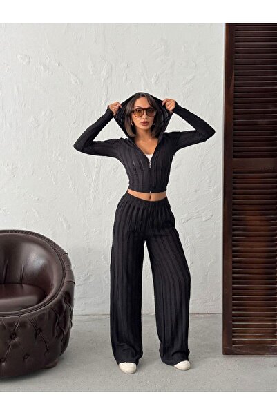 Jeevee Parmak Geçmeli Kapüşonlu Crop Hırka & Geniş Paça Pantolon Dokulu Takım