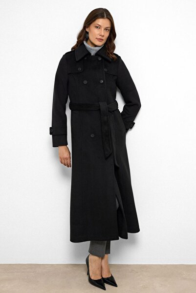 Olcay Dlouhý kabát s dvojitým zapínáním a detailem pláštěnky ČERNÝ 3087