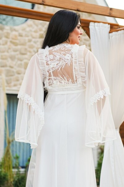 Lama Lingerie 2-Piece Satin Feather Lace Bridal Robe