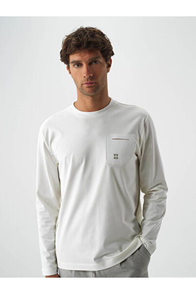 Xint Erkek Ekru Pamuk Dokulu Regular Fit Uzun Kollu Tişört