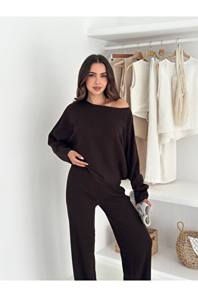 MAXXANA Batwing Sleeve Off-Shoulder Sweater and Pants Two-Piece Knitwear Set
