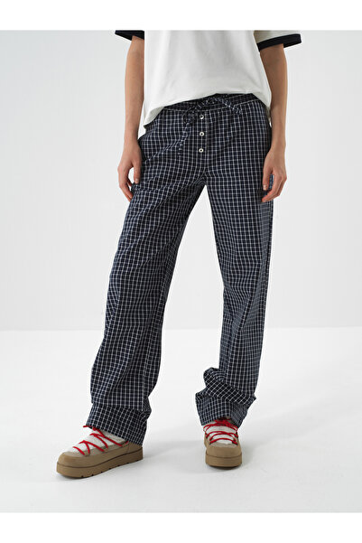 Xint Kadın Lacivert Modern Ekose Oversize Pantolon