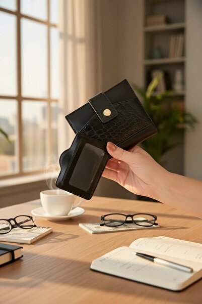 Classbag Kadın Siyah Timsah Desenli Temassız Kartlık Detaylı Kare Cüzdan