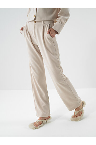 Xint Kadın Bej Lüks Dokulu Soft Kadife Regular Fit Pantolon