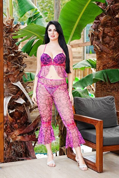 Lama Lingerie طقم بيجامة نسائي مطرز بثلاثة قطع مع حمالات